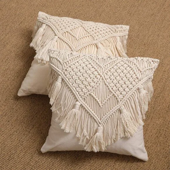 Tassel Macrame Throw Pillow Boho Indie Case Cushion Cover for Bed/Sofa/Patio - Picture 6 of 7